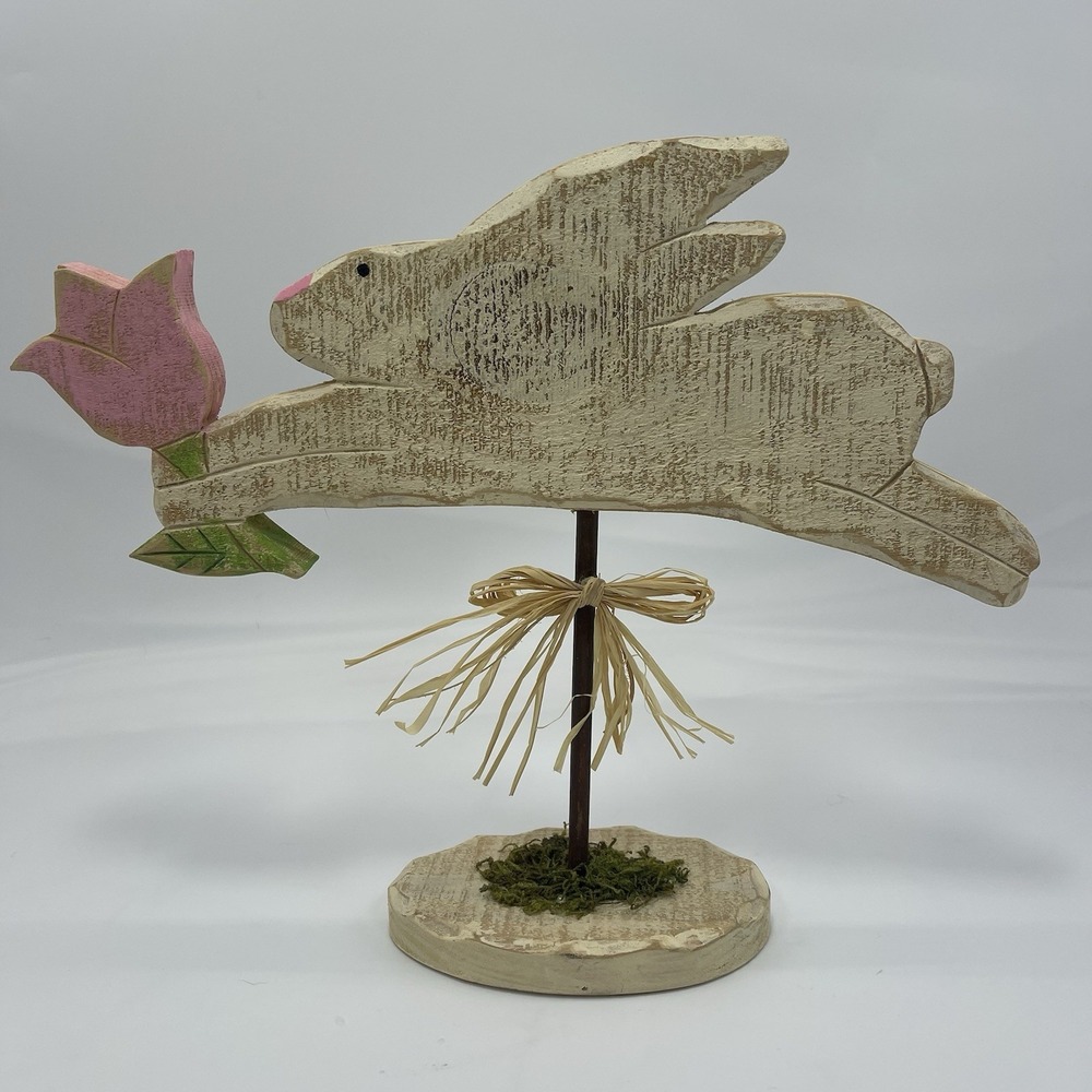 Folk Art Rustic Wood Leaping Easter Bunny Decor, White on Stand‎ with Tulip 10"